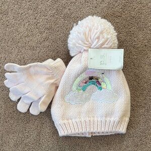 NWT Pink Pom-Pom Kids Hat with Sequin Rainbow Design and knit gloves